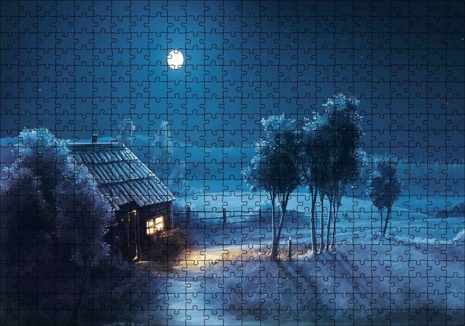 Dolunayda Şirin Kulübe ve Bahçede Ağaçlar Puzzle Yapboz MDF Ahşap 500 Parça 49 cm X 68 cm