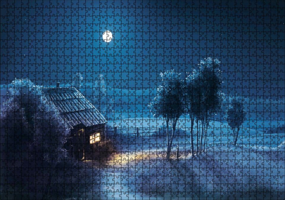 Dolunayda Şirin Kulübe ve Bahçede Ağaçlar Puzzle Yapboz MDF Ahşap 1000 Parça 49 cm X 68 cm