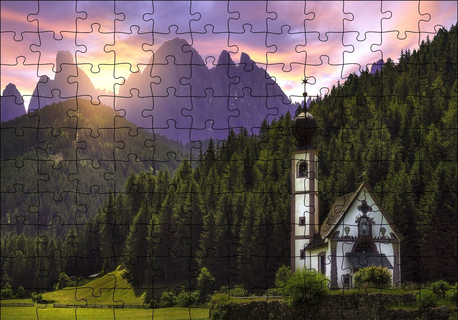 İtalya St Magdalena Kilisesi Orman ve Dağlar Puzzle Yapboz MDF Ahşap 120 Parça 24 cm X 34 cm