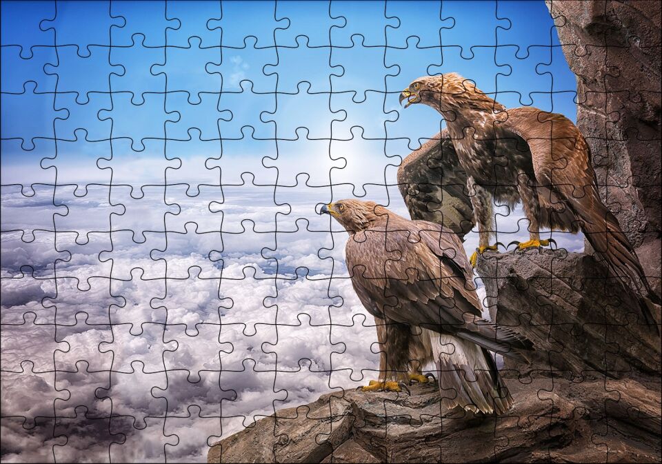 Kayalıklardan Yeryüzünü İzleyen Kartallar ve Bulutlar Puzzle Yapboz MDF Ahşap 120 Parça 24 cm X 34 cm