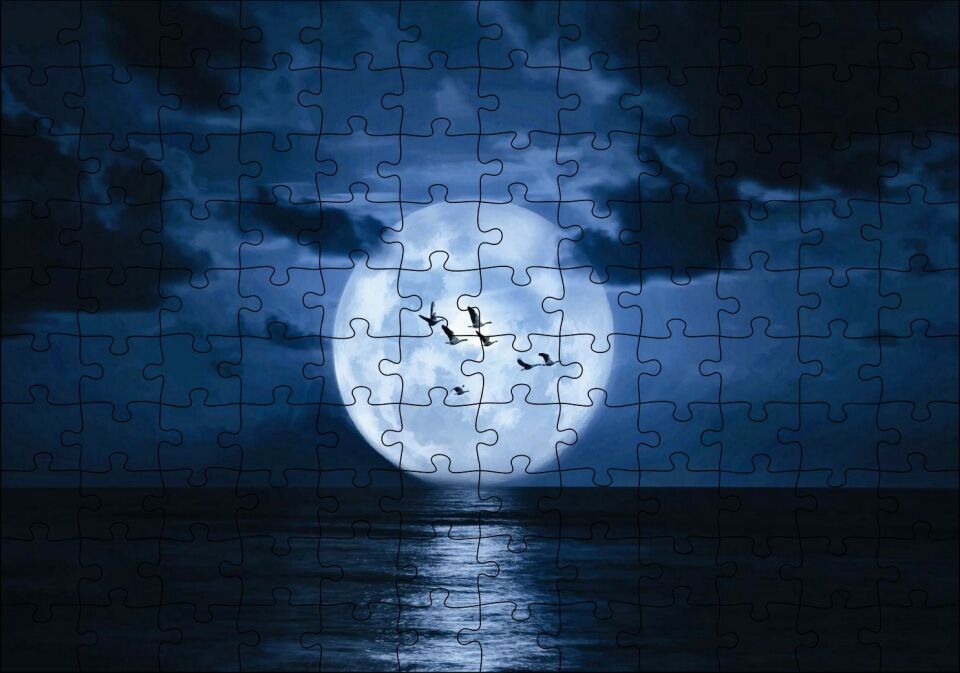 Deniz, Bulutlar, Kuşlar ve Süper Ay Puzzle Yapboz MDF Ahşap