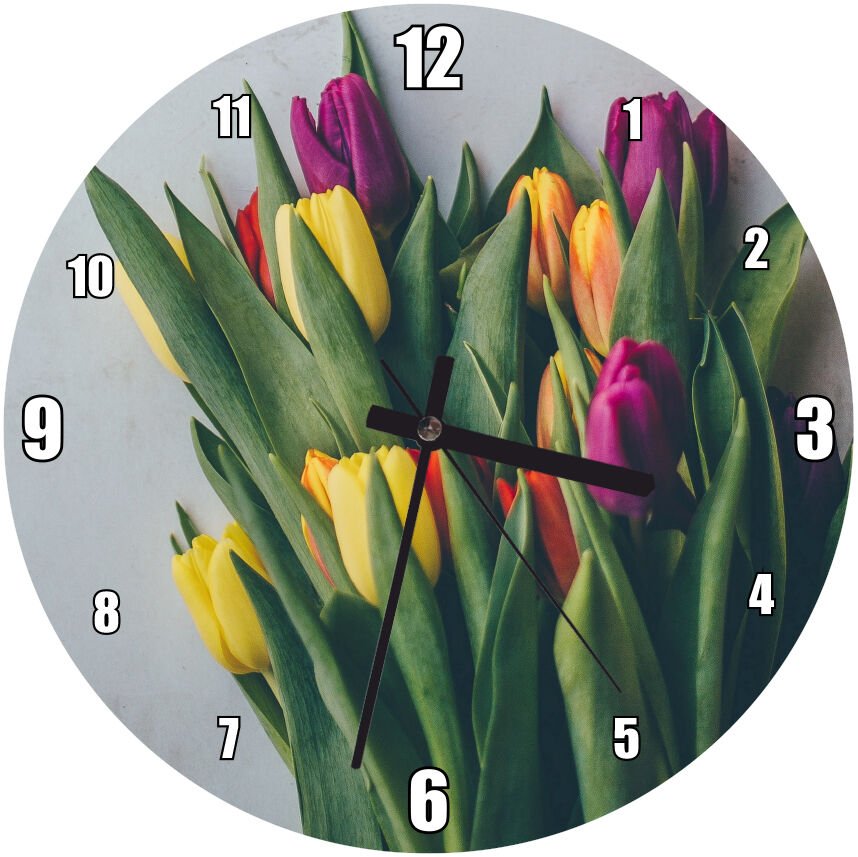 Gri Zeminde Sarı ve Bordo Laleler  Mdf Ahşap Duvar Saati 30 cm Çap