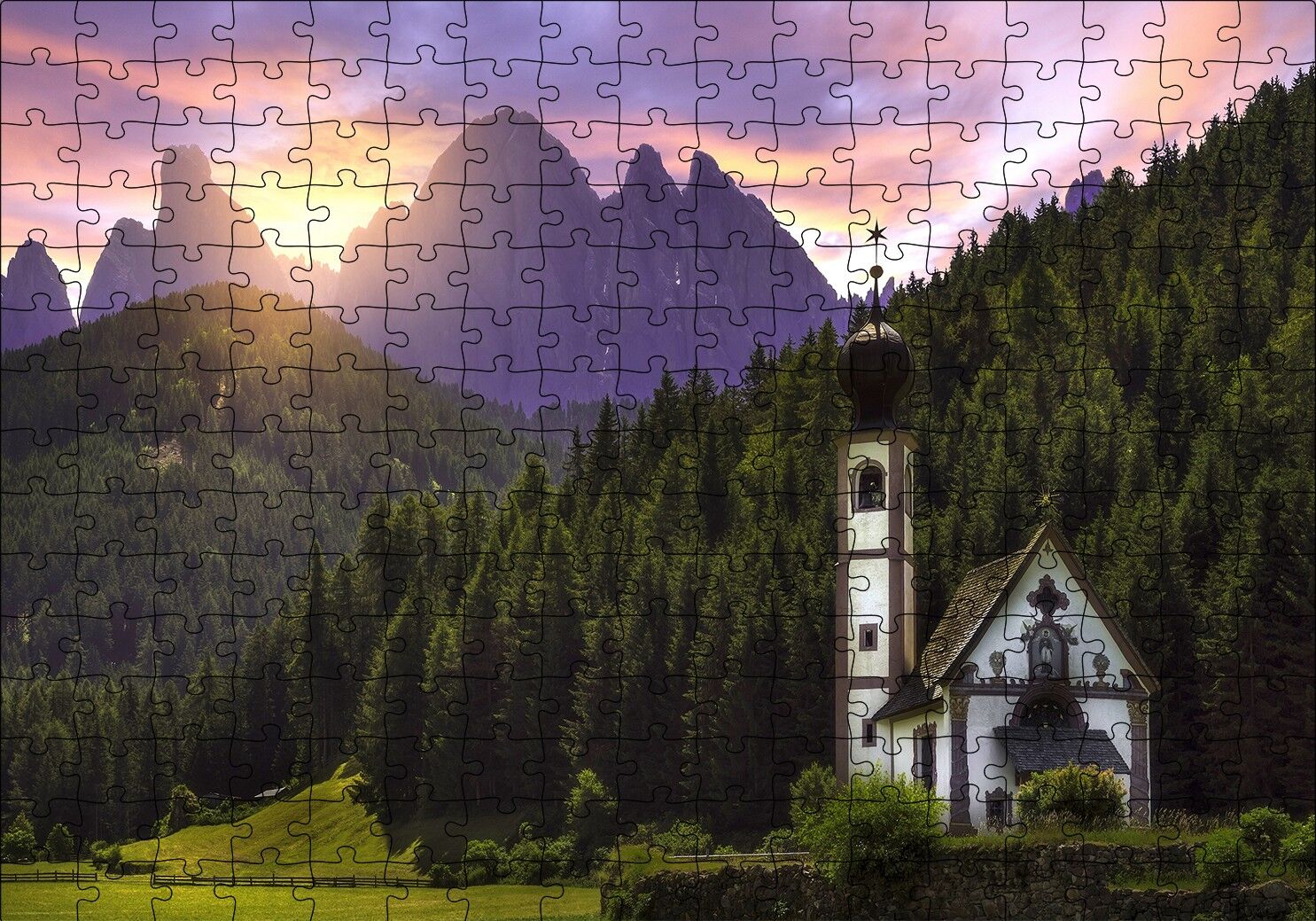 İtalya St Magdalena Kilisesi Orman ve Dağlar Puzzle Yapboz MDF Ahşap 255 Parça 34 cm X 49 cm