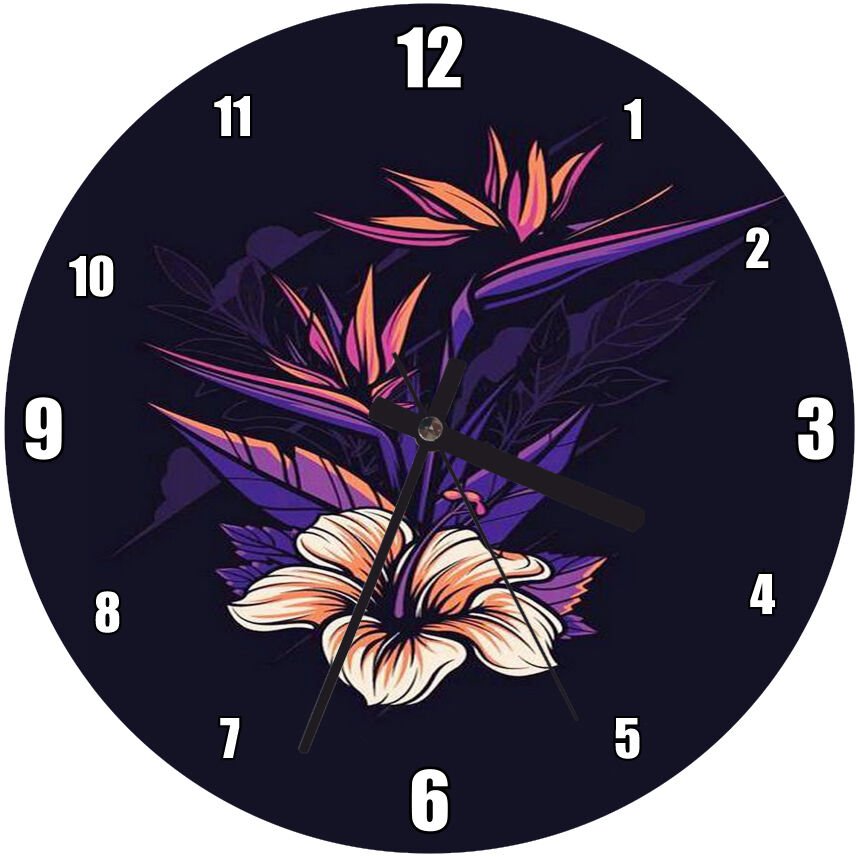 Karanlık Mod Mor Yapraklı Beyaz Çiçek Mdf Ahşap Duvar Saati