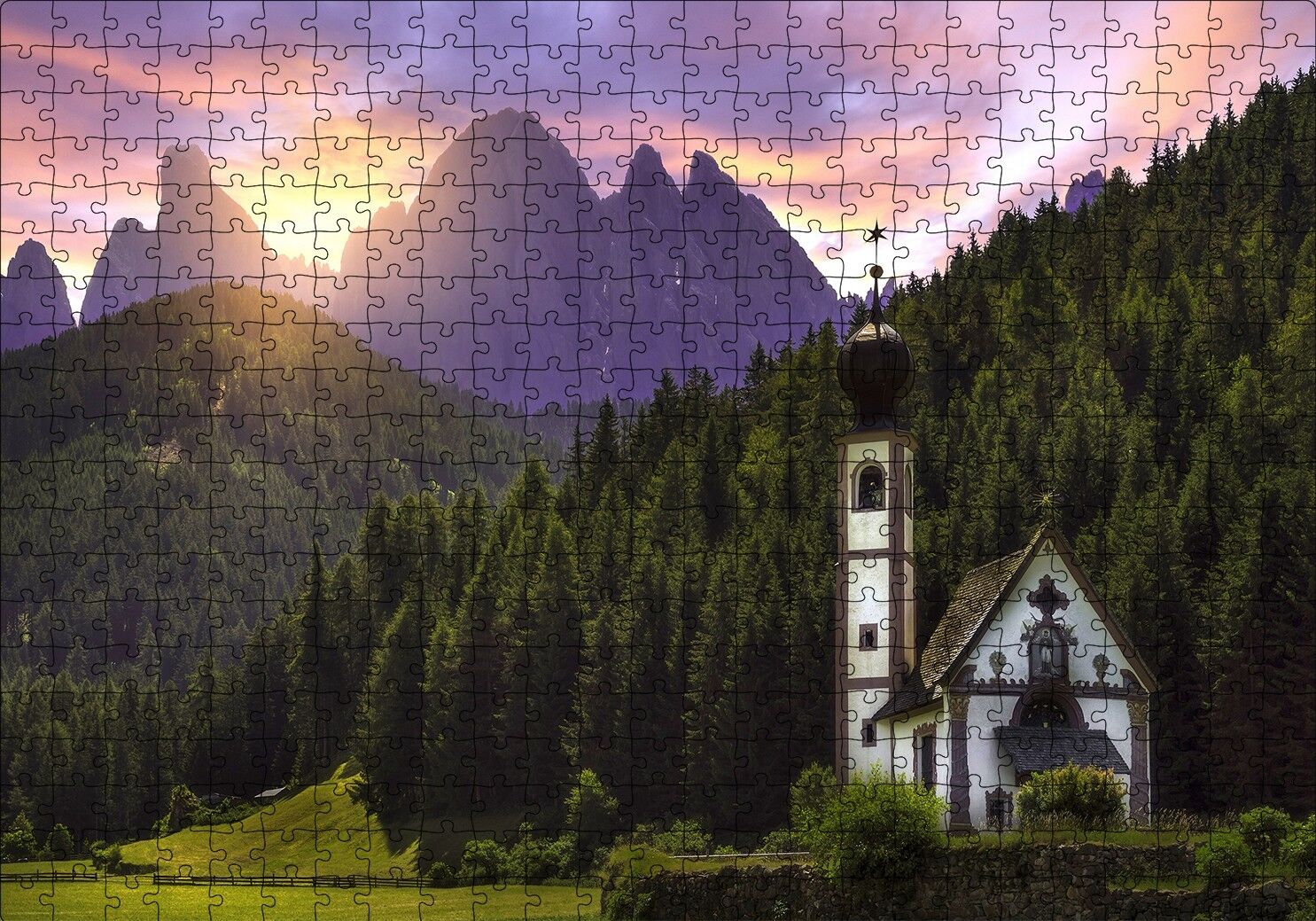 İtalya St Magdalena Kilisesi Orman ve Dağlar Puzzle Yapboz MDF Ahşap 500 Parça 49 cm X 68 cm