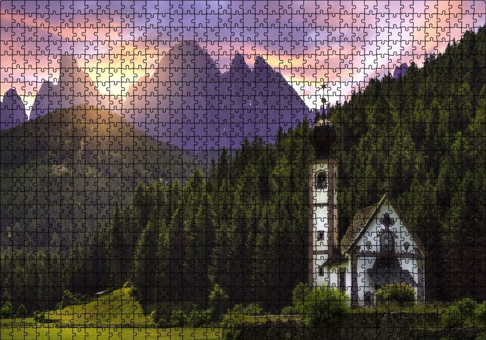 İtalya St Magdalena Kilisesi Orman ve Dağlar Puzzle Yapboz MDF Ahşap 1000 Parça 49 cm X 68 cm