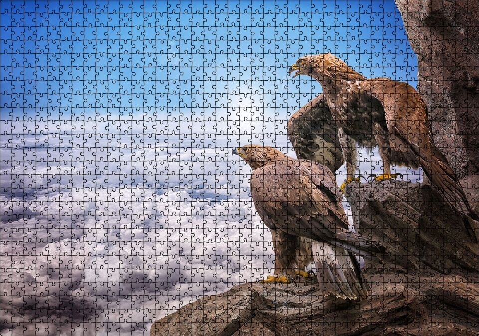 Kayalıklardan Yeryüzünü İzleyen Kartallar ve Bulutlar Puzzle Yapboz MDF Ahşap 1000 Parça 49 cm X 68 cm