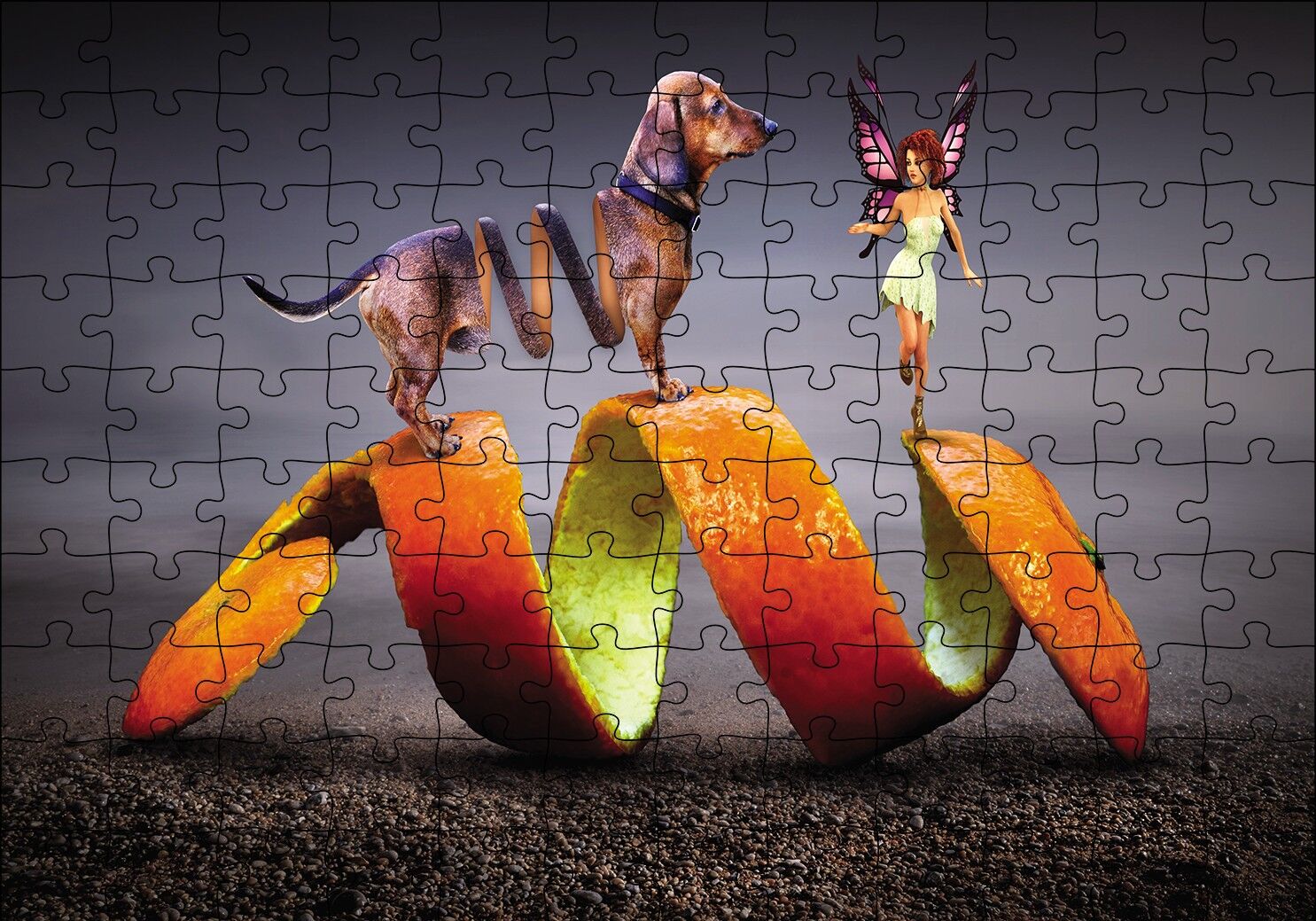 Köpek Sarmal Melek Kadın Fantastik Puzzle Yapboz MDF Ahşap 120 Parça 24 cm X 34 cm