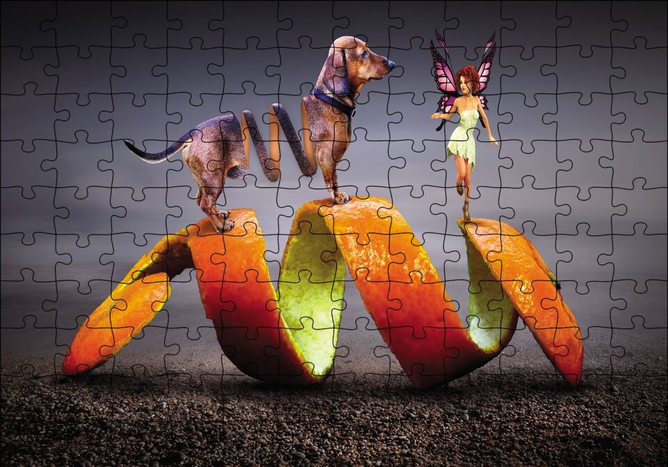 Köpek Sarmal Melek Kadın Fantastik Puzzle Yapboz MDF Ahşap 120 Parça 24 cm X 34 cm