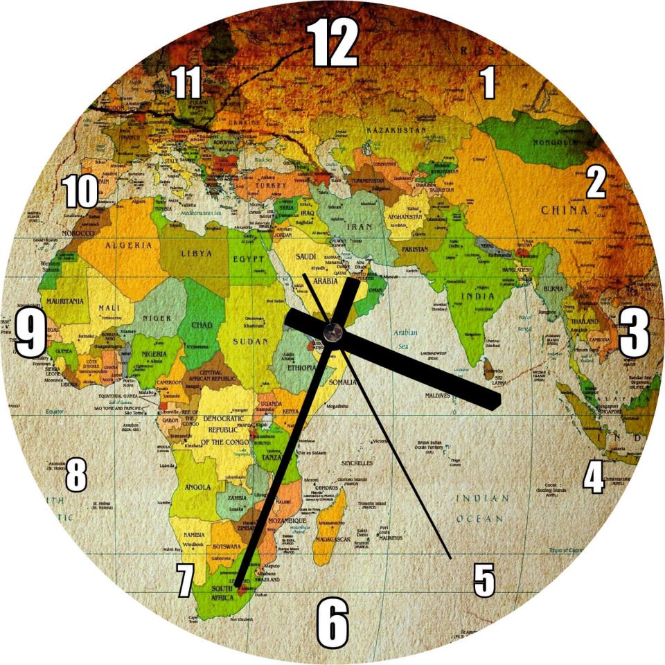 Küresel Isınma ve Çölleşme Vurgulu Avrupa Asya Afrika Haritası Mdf Ahşap Duvar Saati 30 cm Çap