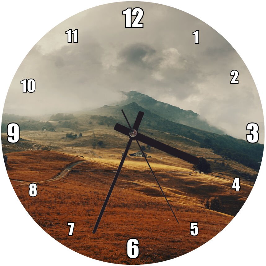 Kızıl Otlar ve Bulutlu Tepeler Mdf Ahşap Duvar Saati