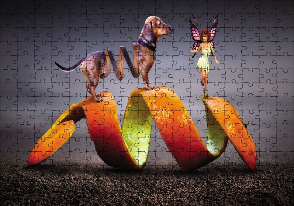 Köpek Sarmal Melek Kadın Fantastik Puzzle Yapboz MDF Ahşap 255 Parça 34 cm X 49 cm
