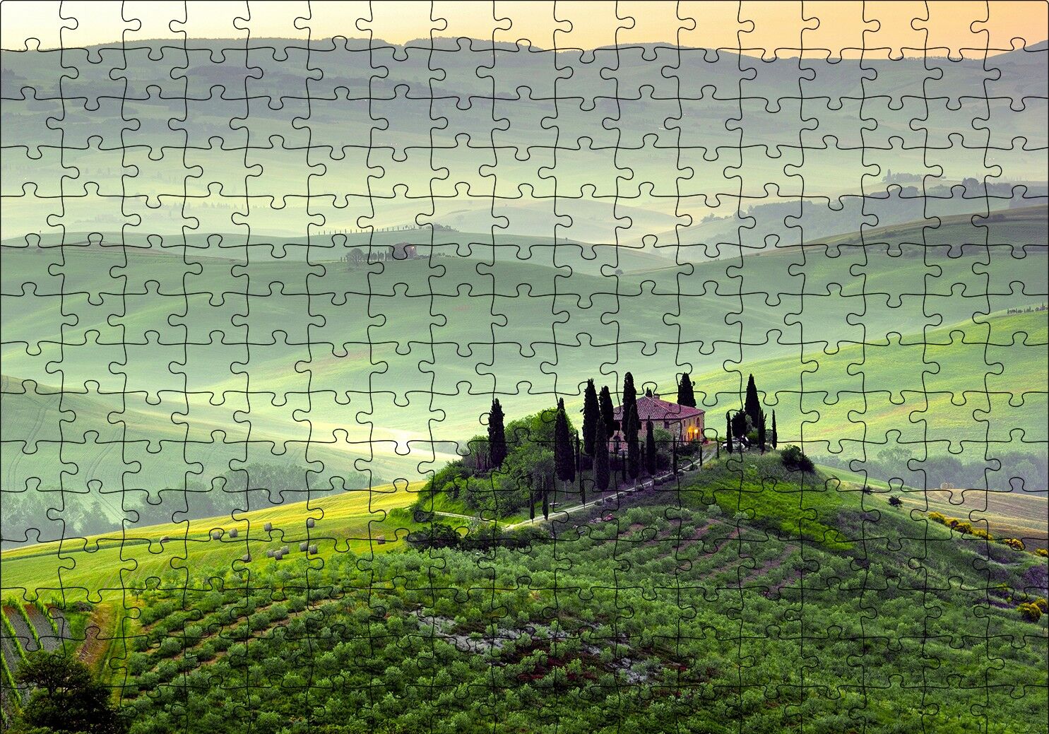 İtalya Toscano Tepedeki Ev ve Dağlar Puzzle Yapboz MDF Ahşap 255 Parça 34 cm X 49 cm