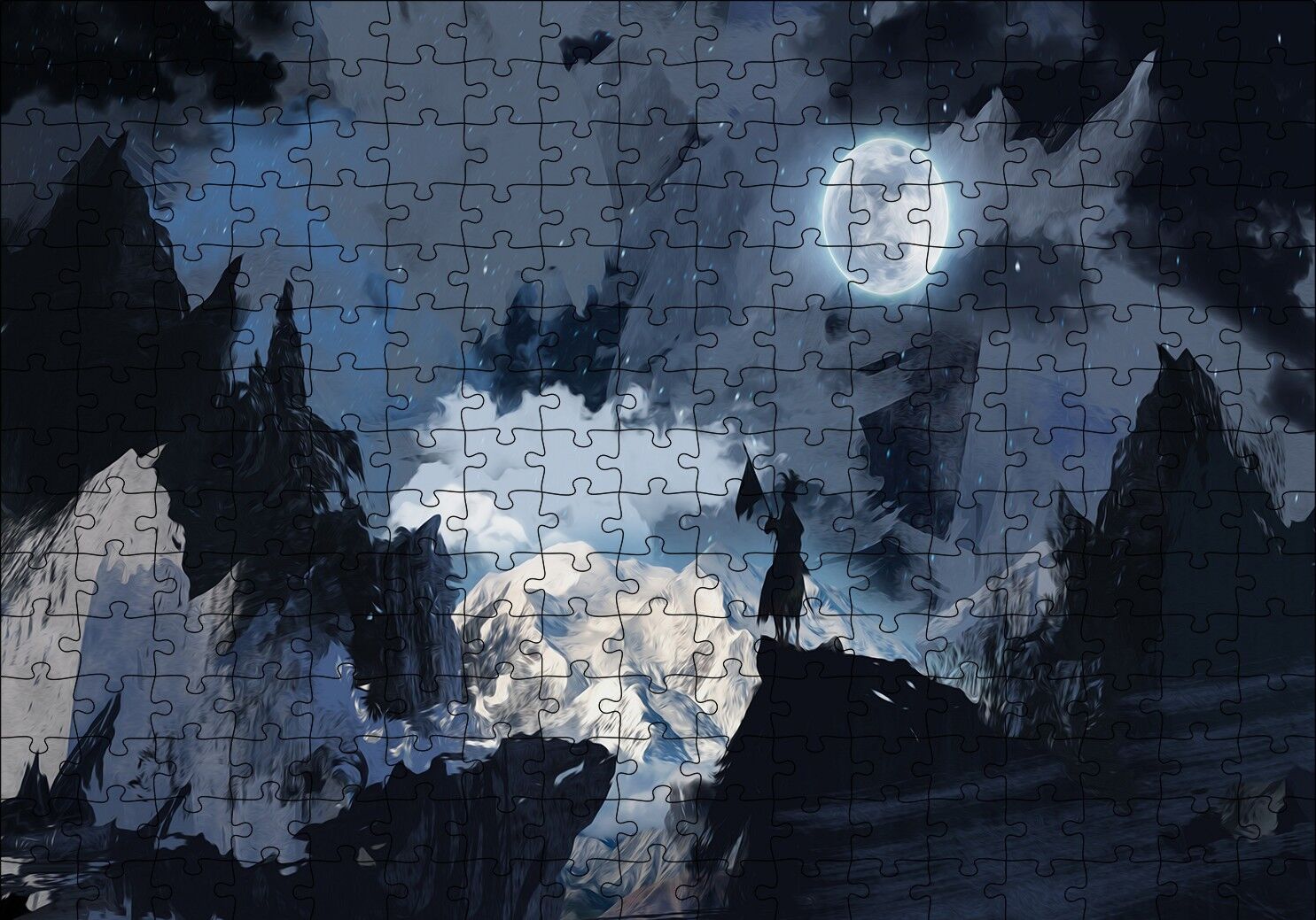 Gece Dolunay ve Savaşçı Silüeti Puzzle Yapboz MDF Ahşap 255 Parça 34 cm X 49 cm
