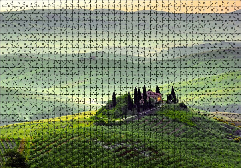 İtalya Toscano Tepedeki Ev ve Dağlar Puzzle Yapboz MDF Ahşap 1000 Parça 49 cm X 68 cm