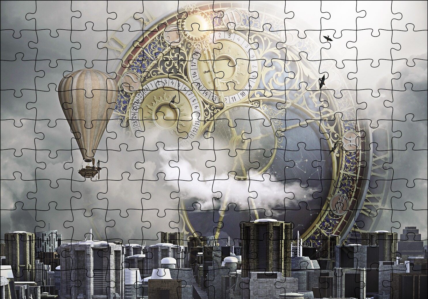 Şehir Saat Balon Fantastik Puzzle Yapboz MDF Ahşap 120 Parça 24 cm X 34 cm