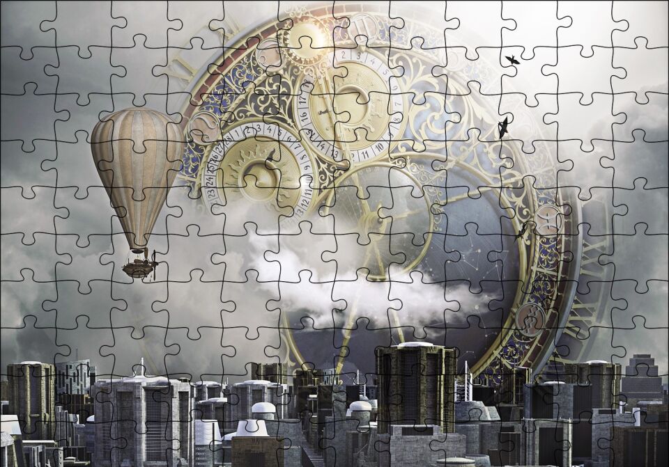 Şehir Saat Balon Fantastik Puzzle Yapboz MDF Ahşap 120 Parça 24 cm X 34 cm