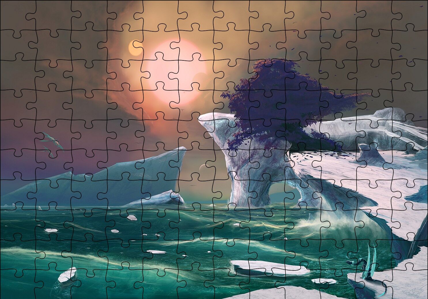 Fantastik Kayalıklar ve Yalnız Ağaç İllüstrasyon Puzzle Yapboz MDF Ahşap