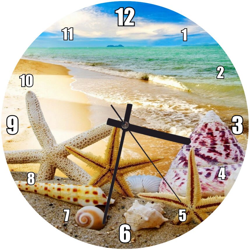 Kumsalda Denizyıldızı ve Deniz Kabukları  Mdf Ahşap Duvar Saati 30 cm Çap