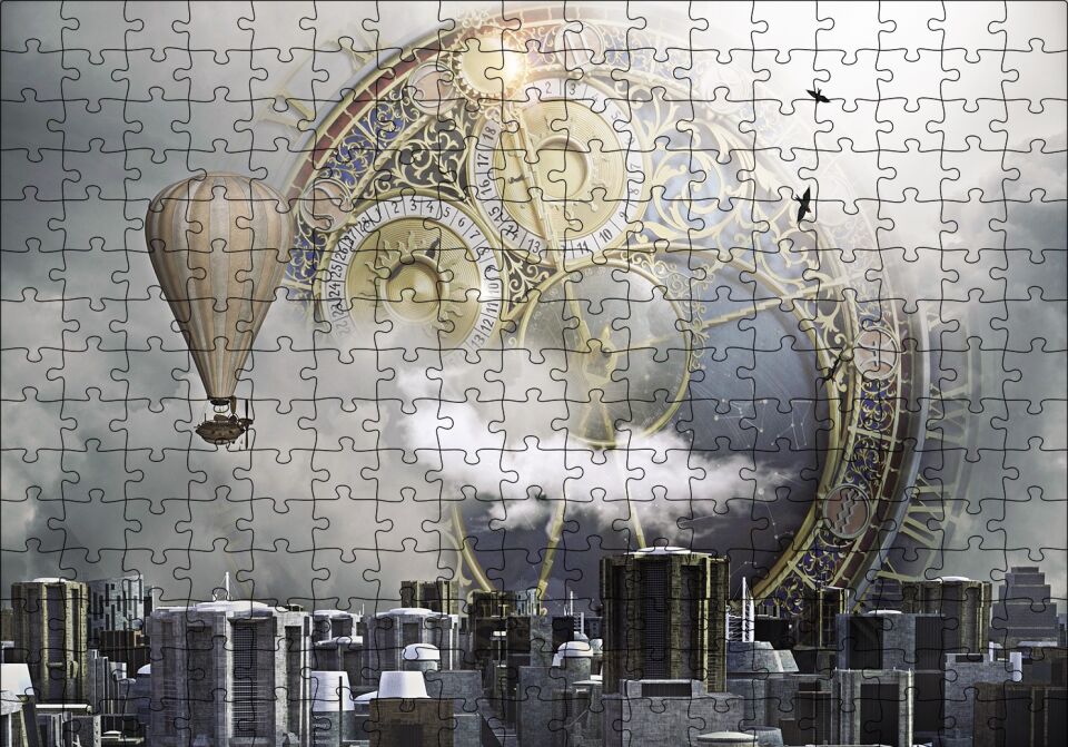 Şehir Saat Balon Fantastik Puzzle Yapboz MDF Ahşap 255 Parça 34 cm X 49 cm