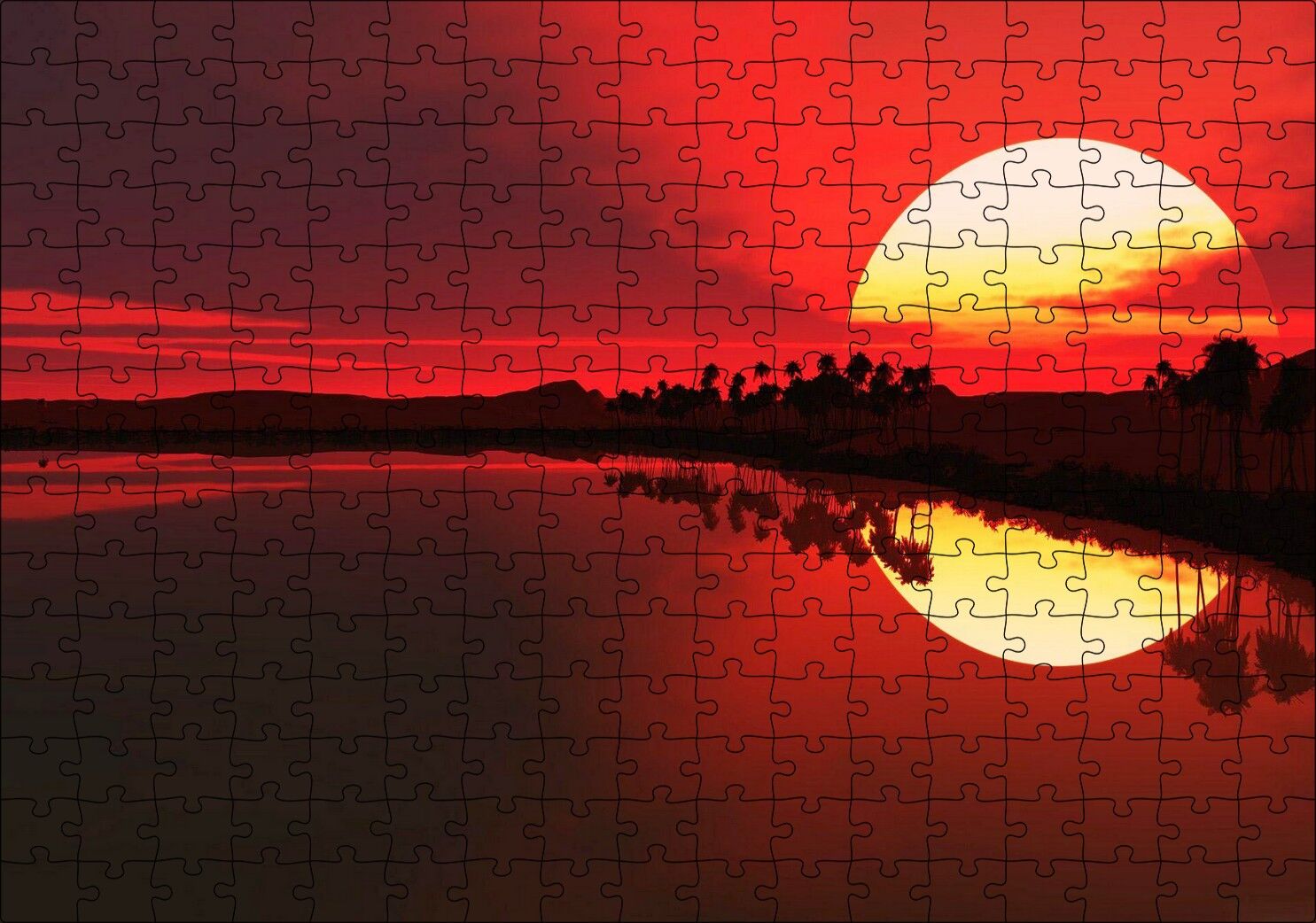 Afrika Günbatımında Palmiyeler ve Nil Nehri Puzzle Yapboz MDF Ahşap 255 Parça 34 cm X 49 cm