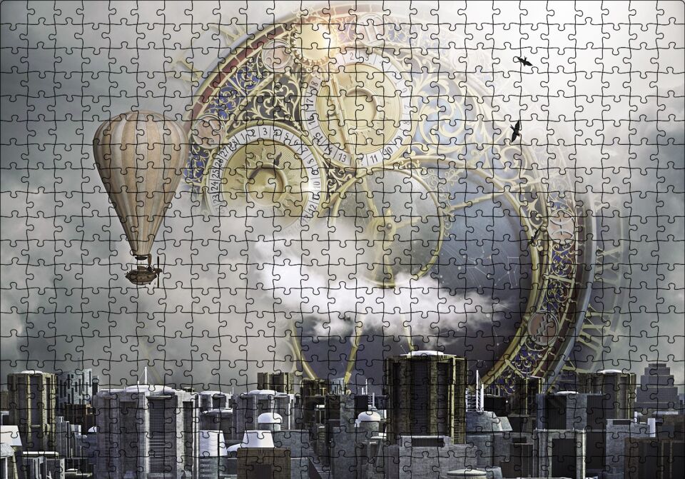 Şehir Saat Balon Fantastik Puzzle Yapboz MDF Ahşap 500 Parça 49 cm X 68 cm
