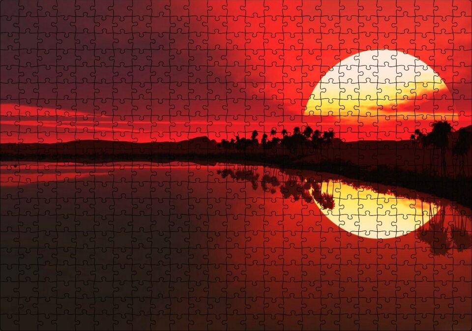 Afrika Günbatımında Palmiyeler ve Nil Nehri Puzzle Yapboz MDF Ahşap 500 Parça 49 cm X 68 cm