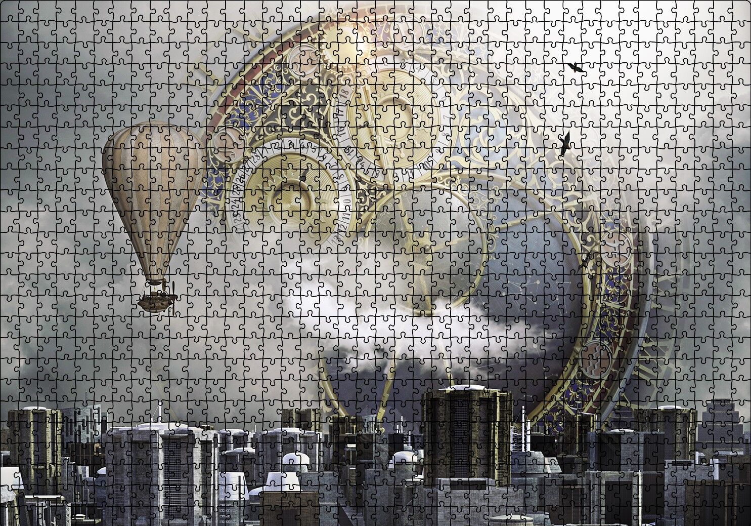 Şehir Saat Balon Fantastik Puzzle Yapboz MDF Ahşap 1000 Parça 49 cm X 68 cm