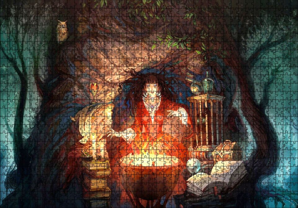 Kazanın Başında Cadı ve Büyü Kitapları Puzzle Yapboz MDF Ahşap 1000 Parça 49 cm X 68 cm