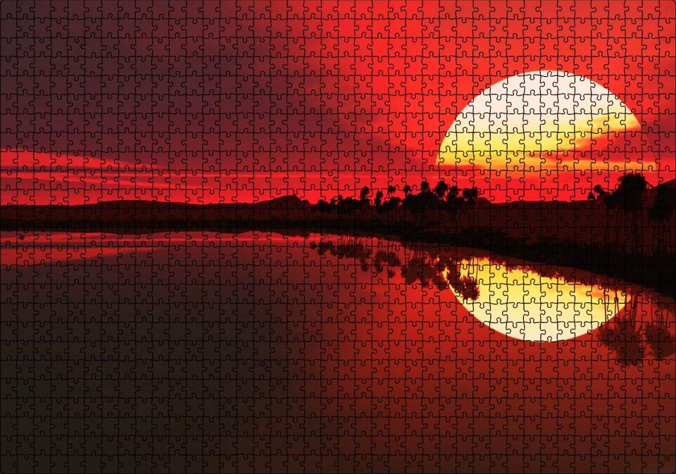 Afrika Günbatımında Palmiyeler ve Nil Nehri Puzzle Yapboz MDF Ahşap 1000 Parça 49 cm X 68 cm