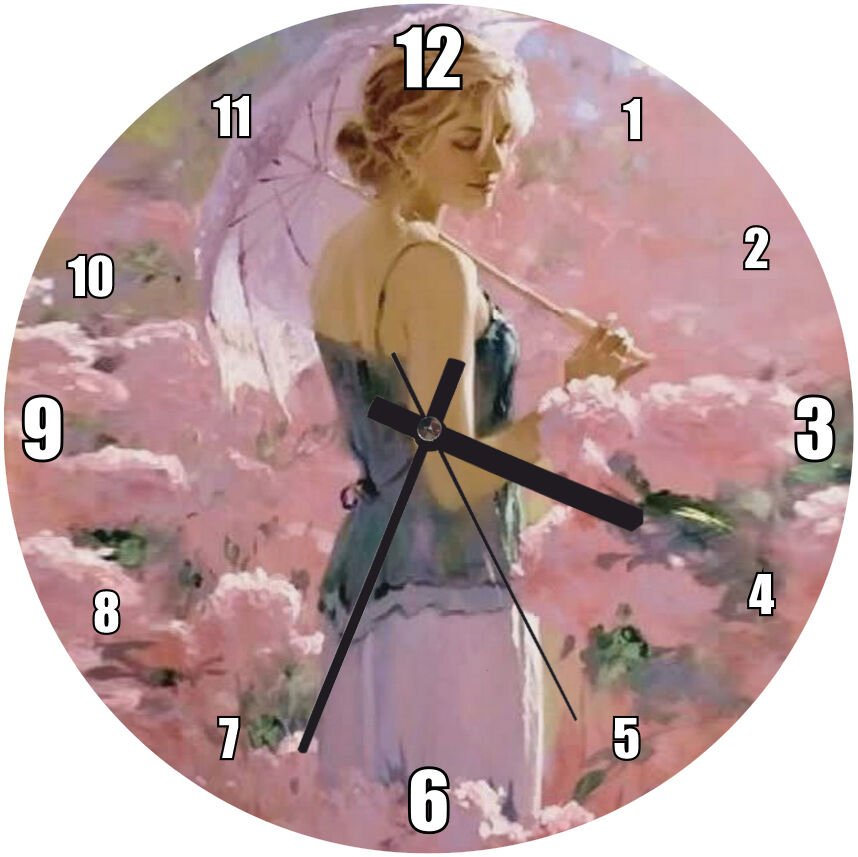 Çiçekler Arasında Şemsiyeli Kız Görseli Mdf Ahşap Duvar Saati