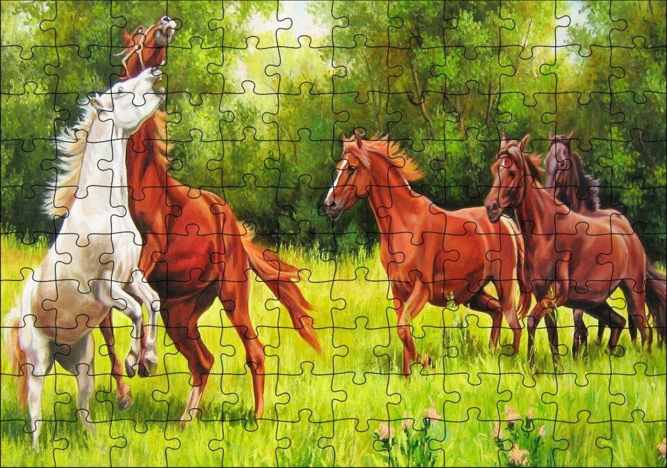 Özgür Atlar Ormanda Görseli Puzzle Yapboz MDF Ahşap 120 Parça 24 cm X 34 cm