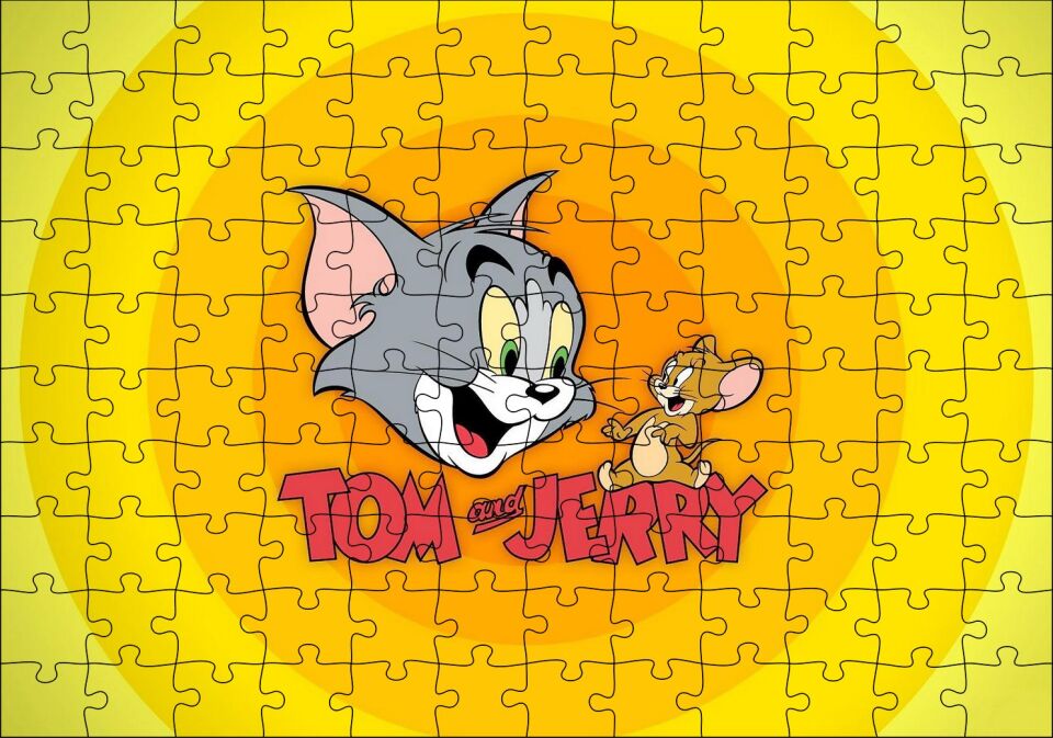 Tom ve Jerr Logo Sarı Zeminde, Puzzle Yapboz MDF Ahşap
