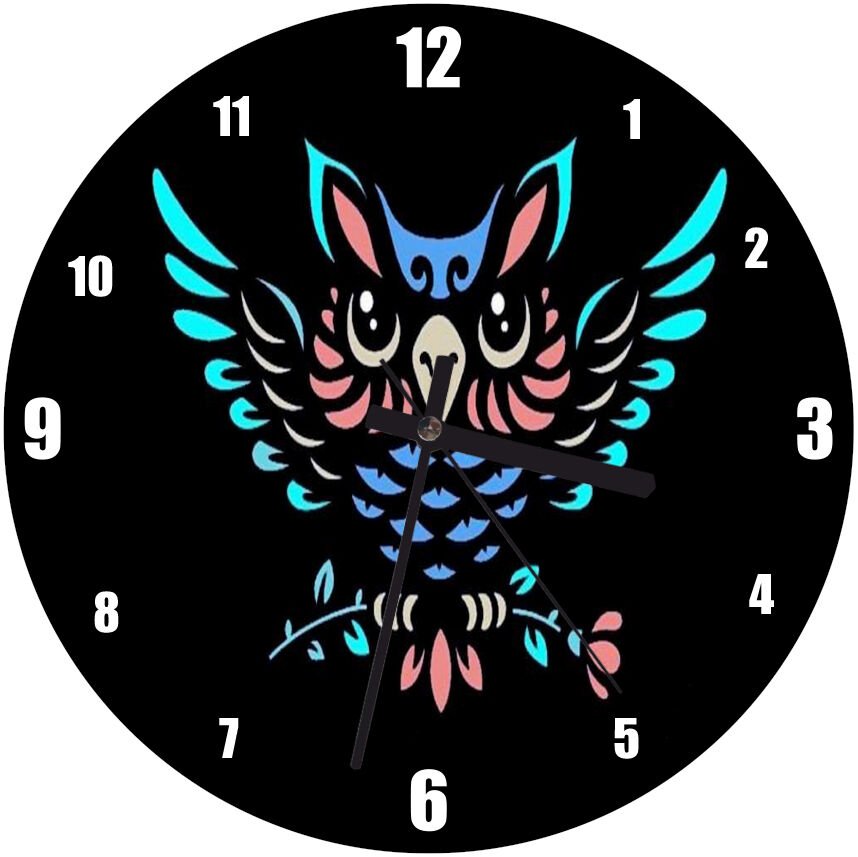 Neon Baykuş Siyah Arkaplan  Mdf Ahşap Duvar Saati 30 cm Çap