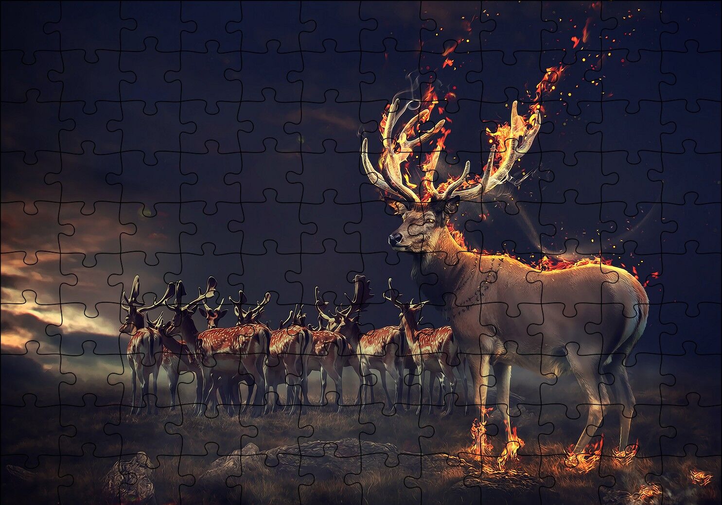 Gece ve Geyikler İllüstrasyon Puzzle Yapboz MDF Ahşap