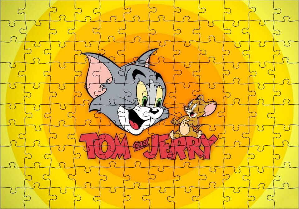 Tom ve Jerr Logo Sarı Zeminde, Puzzle Yapboz MDF Ahşap
