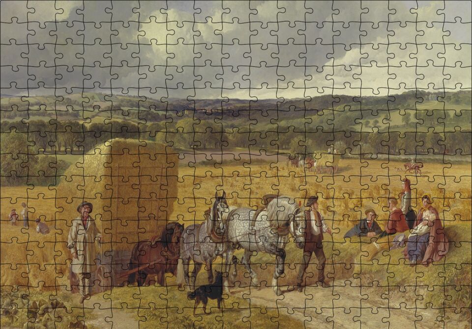 Saman Balyaları Taşıyan Atlar ve Köylüler Puzzle Yapboz MDF Ahşap 255 Parça 34 cm X 49 cm