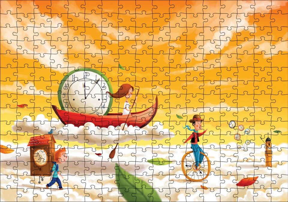 Düşler Ülkesinde Bulutlar Çocuklar ve Saatler Puzzle Yapboz MDF Ahşap 255 Parça 34 cm X 49 cm