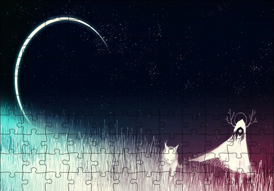Gece, Ay, Kız ve Tilki Puzzle Yapboz MDF Ahşap