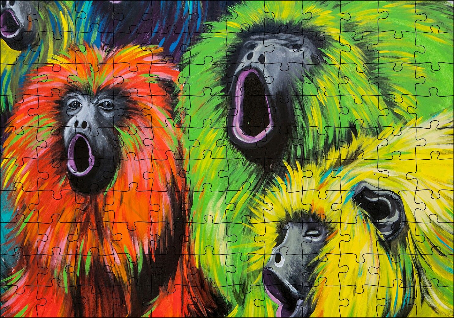 Rengarenk Maymunlar Yağlıboya Çizim Puzzle Yapboz MDF Ahşap