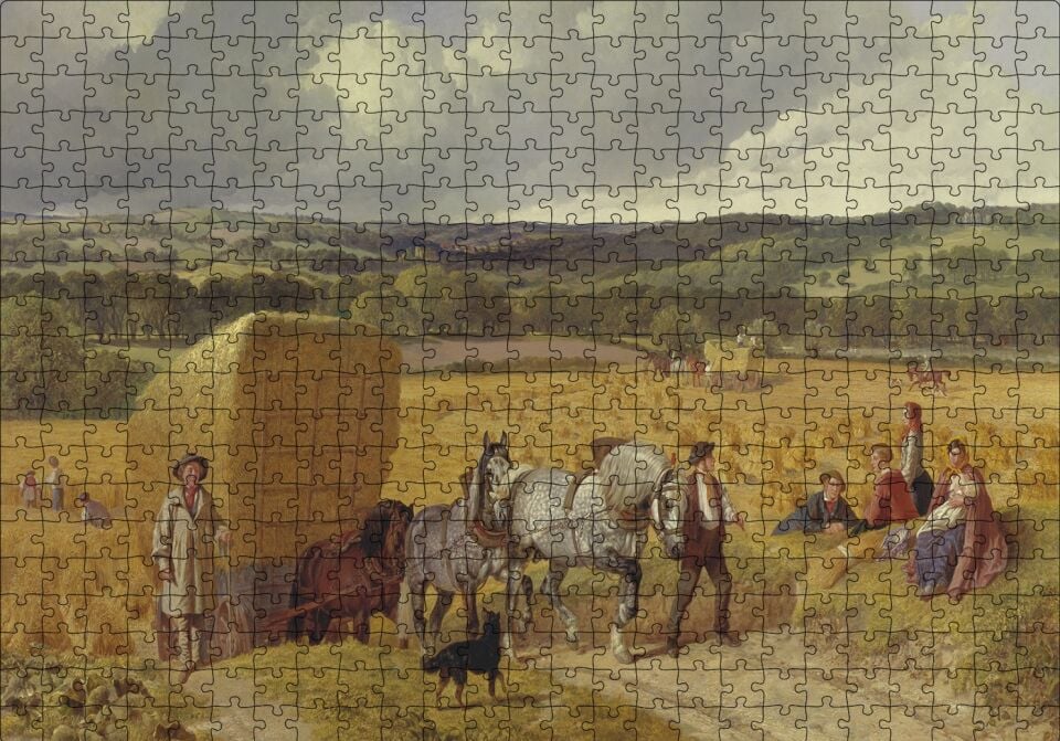 Saman Balyaları Taşıyan Atlar ve Köylüler Puzzle Yapboz MDF Ahşap 500 Parça 49 cm X 68 cm