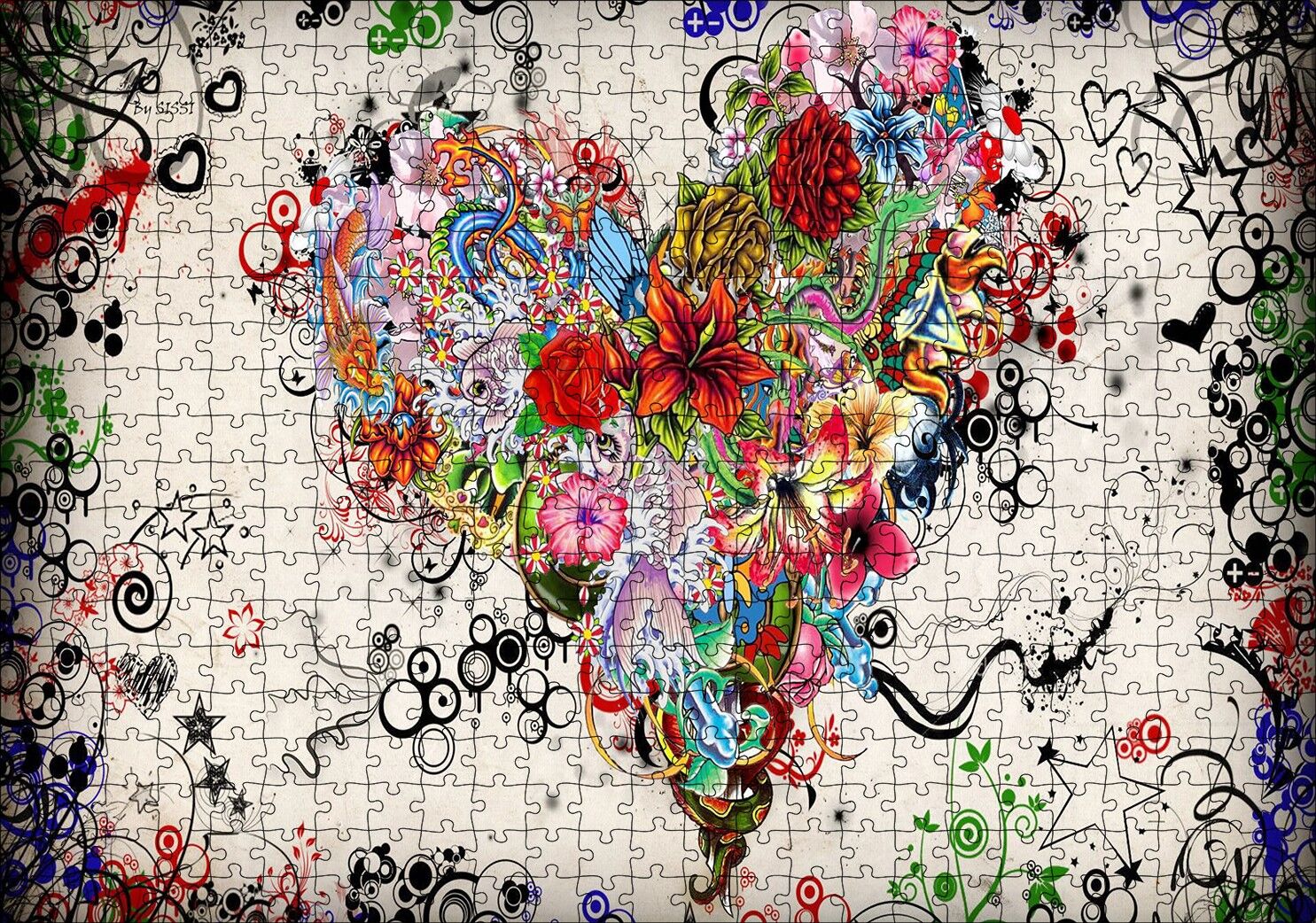 Desenler Ve Çiçeklerden Kalp Figürü Görseli Puzzle Yapboz MDF Ahşap 500 Parça 49 cm X 68 cm