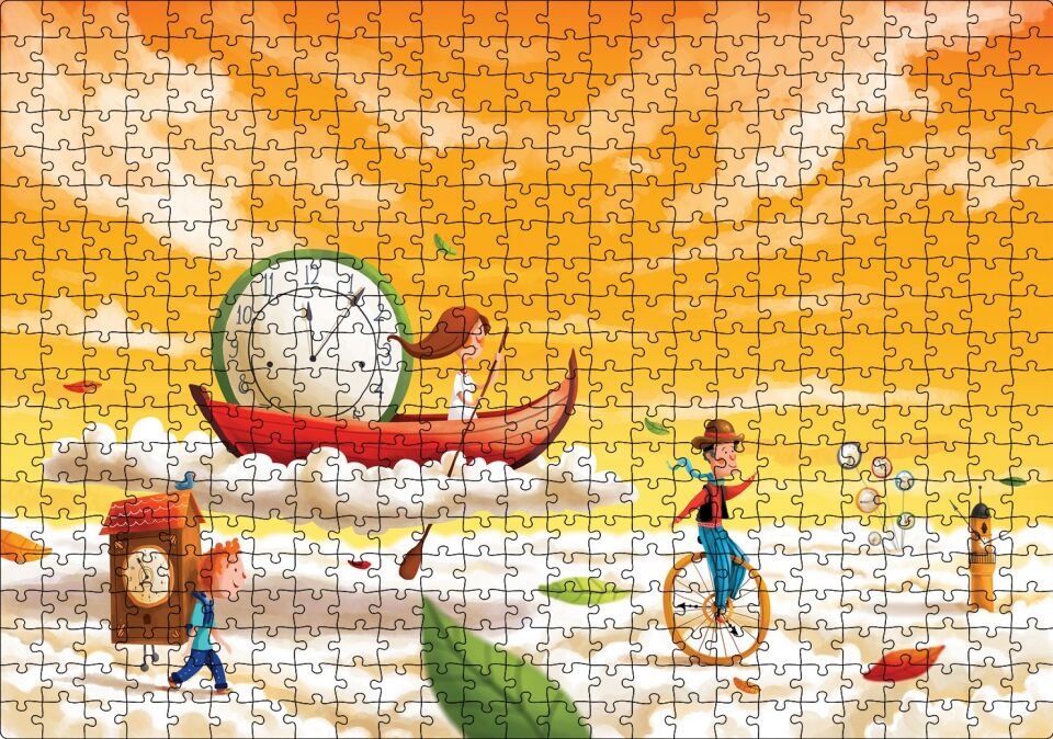 Düşler Ülkesinde Bulutlar Çocuklar ve Saatler Puzzle Yapboz MDF Ahşap 500 Parça 49 cm X 68 cm