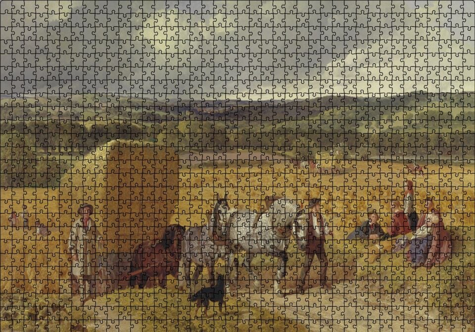 Saman Balyaları Taşıyan Atlar ve Köylüler Puzzle Yapboz MDF Ahşap 1000 Parça 49 cm X 68 cm