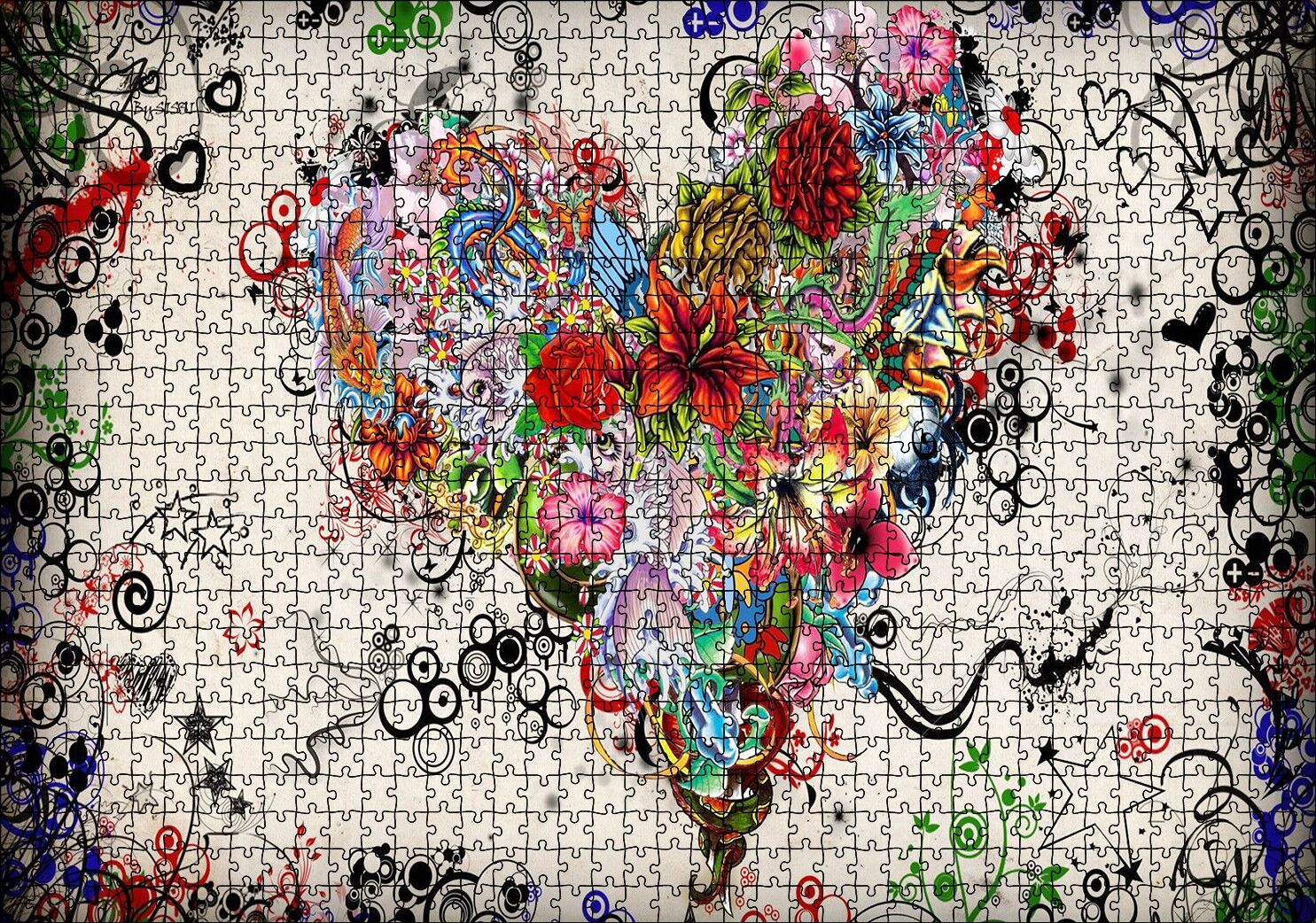 Desenler Ve Çiçeklerden Kalp Figürü Görseli Puzzle Yapboz MDF Ahşap 1000 Parça 49 cm X 68 cm
