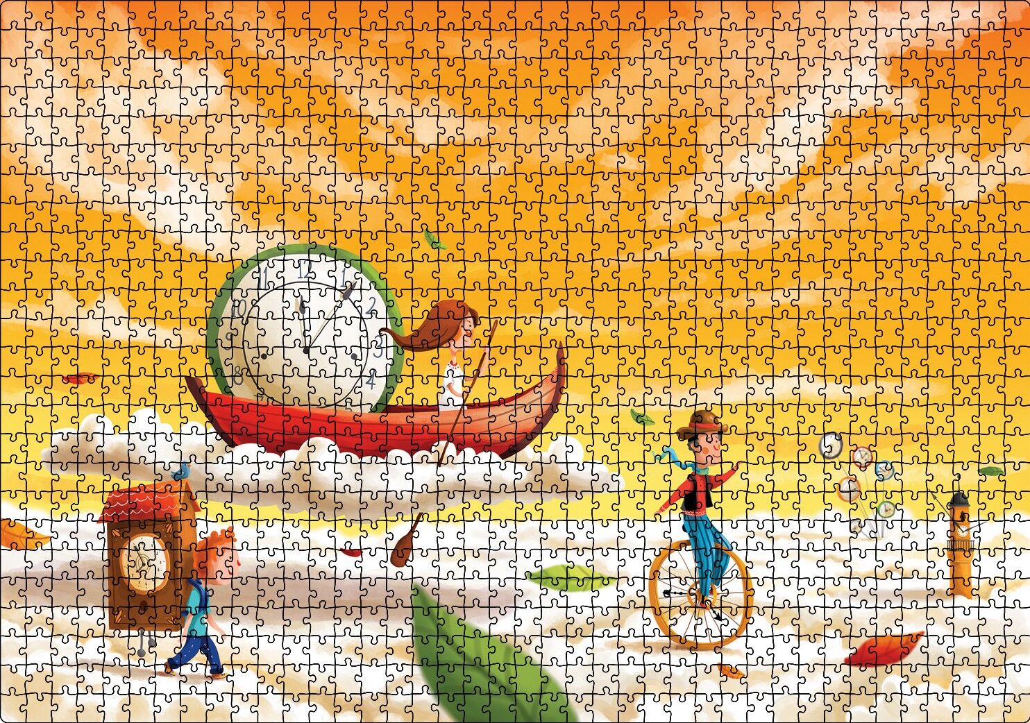 Düşler Ülkesinde Bulutlar Çocuklar ve Saatler Puzzle Yapboz MDF Ahşap 1000 Parça 49 cm X 68 cm