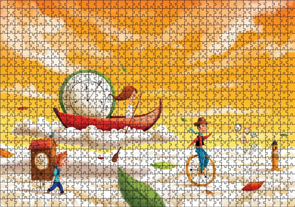 Düşler Ülkesinde Bulutlar Çocuklar ve Saatler Puzzle Yapboz MDF Ahşap 1000 Parça 49 cm X 68 cm