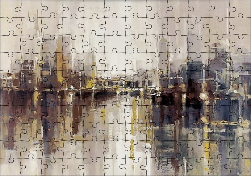 Gökdelenler ve Denizdeki Yansımaları Yağlı Boya Puzzle Yapboz MDF Ahşap