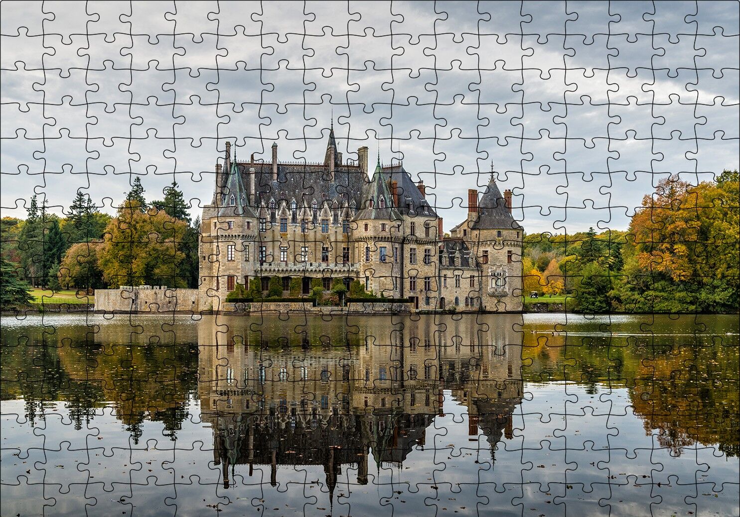 Göl Kıyısındaki Görkemli Şato Puzzle Yapboz MDF Ahşap 255 Parça 34 cm X 49 cm