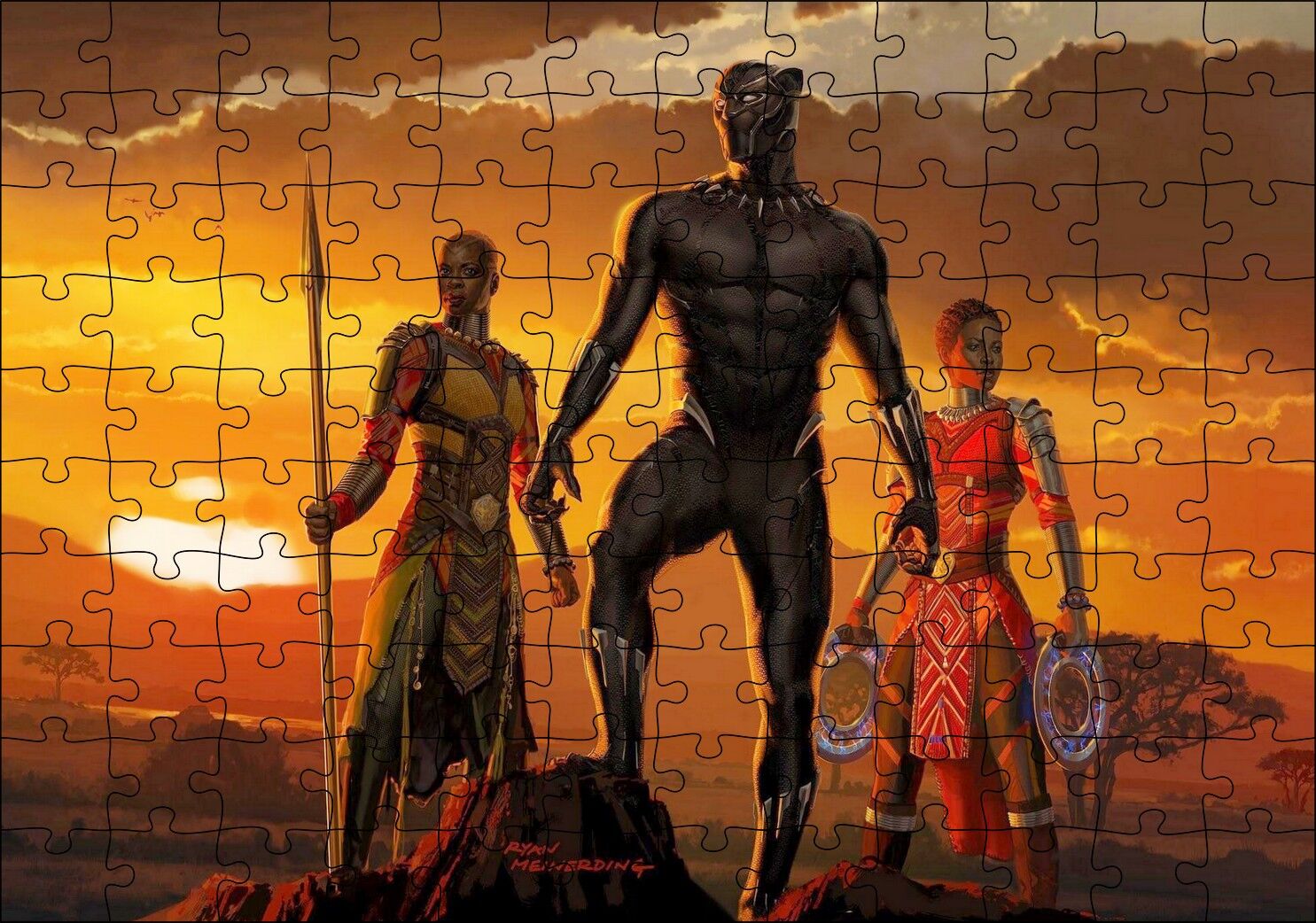 Günbatımında Afrikalı Savaşçı ve Kadın Savaşçılar Puzzle Yapboz MDF Ahşap